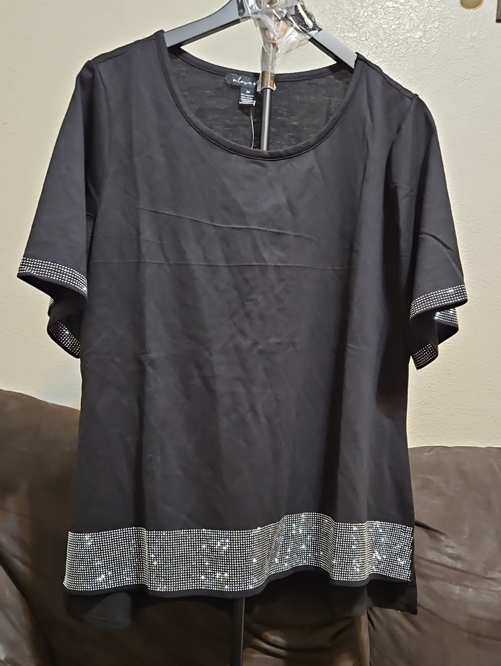 A Love Story Black Short Sleeve Tee with Rhinestone Hem and Cuff